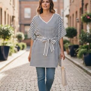 Ann Taylor Cream and Black Striped V-Neck Top